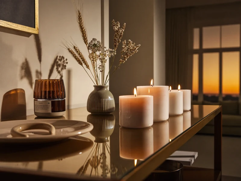 Mensola in penombra con candele accese, un vaso in ceramica ed elementi botanici essiccati
