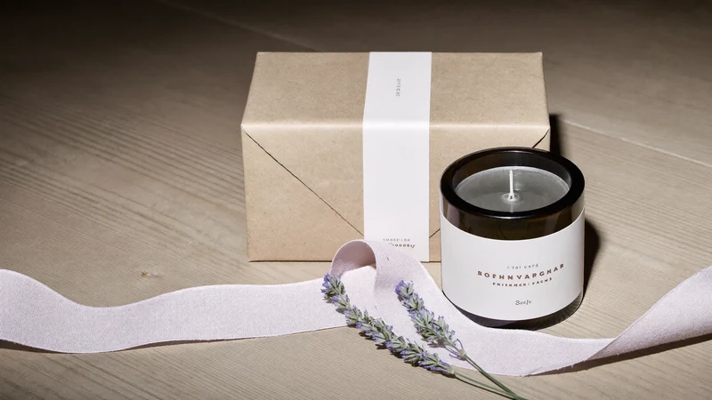 Confezione regalo in carta kraft con nastro di lino, barattolo di candela e lavanda